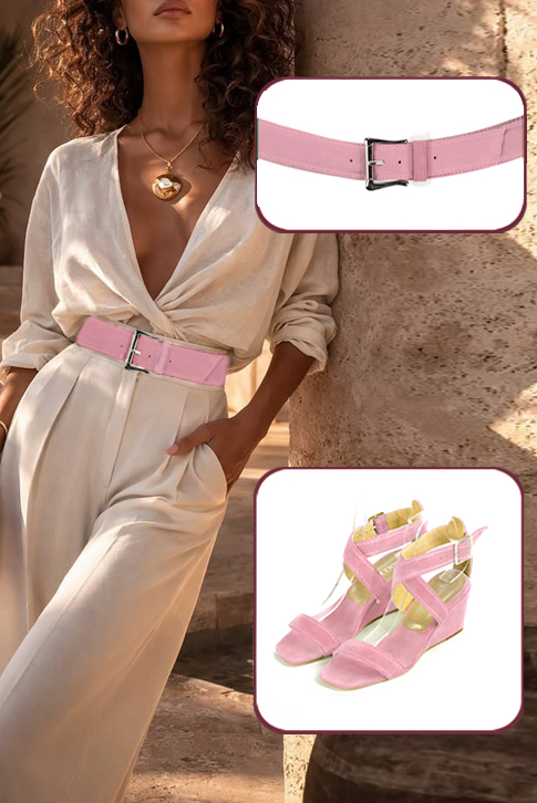 Women's carnation pink elegant fully open cross straps sandals. Square toe. Medium wedge heels - Worn view